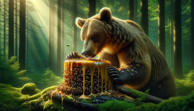 AI image of a bear feasting on honey in the woods.