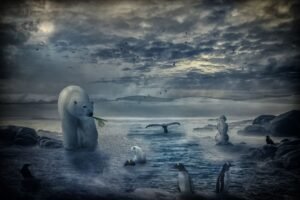 Polar bear on Arctic ice and penguins in Antarctica, highlighting their distinct habitats